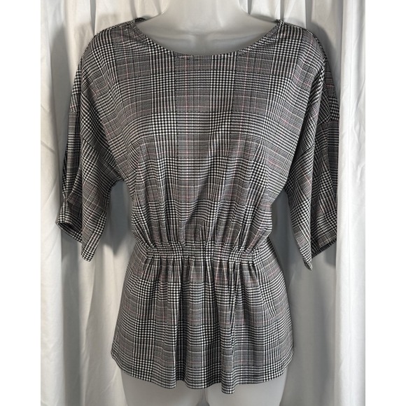 Ann Taylor Factory Houndstooth Print Blouse Elbow Sleeve Peplum M Academia 84-21 - Picture 1 of 14